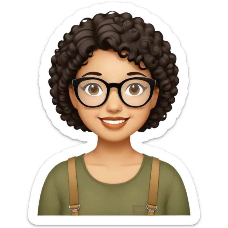Woman in her 20s with caramel skin tone. Cheerful round face with chubby cheeks. Brown eyes behind thick black glasses. Voluminous short curly hair. Wide smile with dimples. Wearing olive green shirt with wide straps. sticker