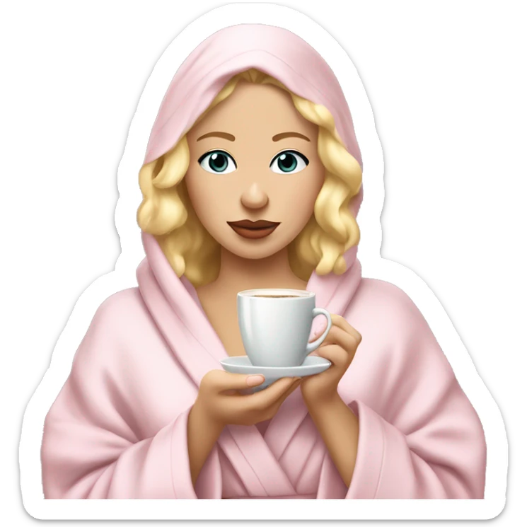 Blonde 20 year old making coffee coquette in a light baby pink robe and a towel onbher head sticker