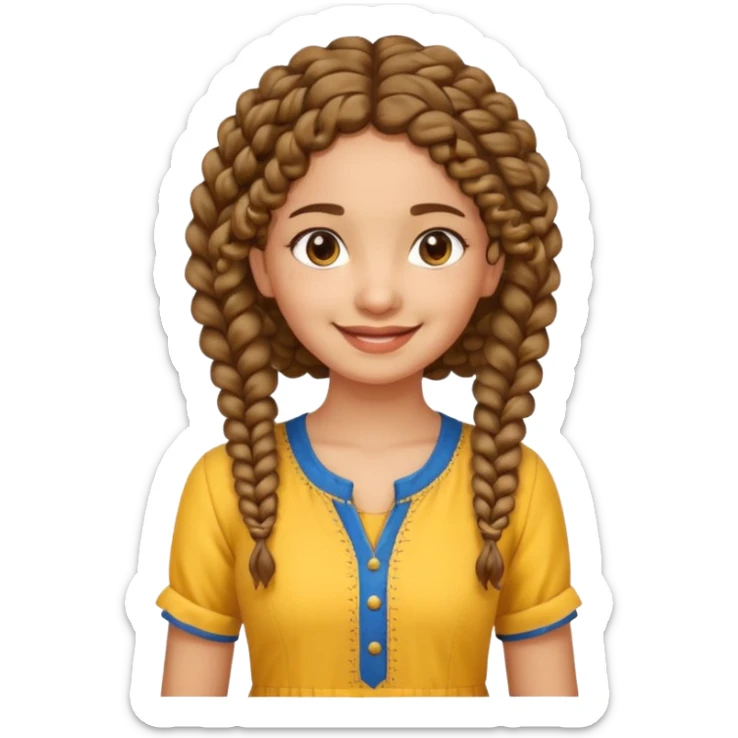 fair Indian girl with curly hair in a braid, smiling, yellow kurti, blue jeans, standing sticker