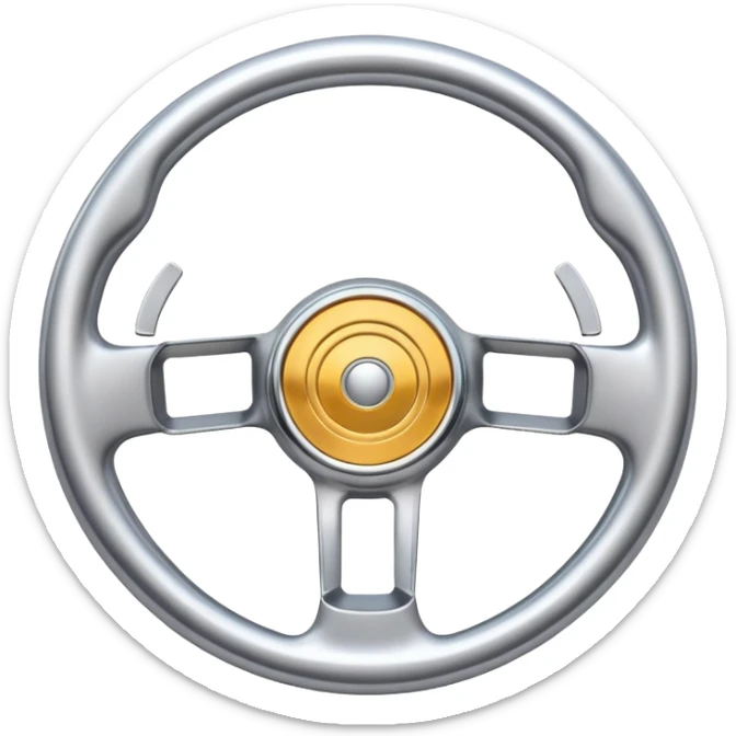 A futuristic steering wheel emoji made of silver chrome, minimal geometric design, smooth metallic surface, soft reflections, iOS emoji style, centered, clean white background sticker