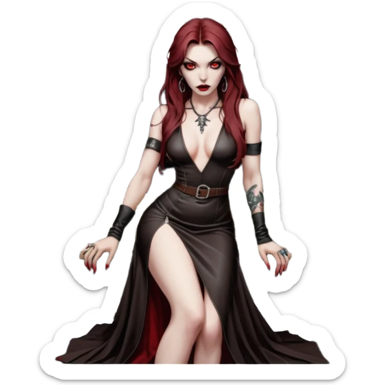 Lilith symbol red eye seductress evil long brown haired sexy succubus woman with leather long dress with slit, sitting in Big Large F350 pickup truck. Black Platform high heels on feet. Tattoo sleeve arms, seat full of stacks of cash, and a man dead human skull of her enemies and a gun in other hand sticker