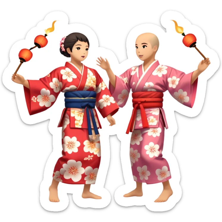 Cinematic Realistic scene of two performers engaging in Bon Odori, dressed in traditional yukata with intricate summer patterns, captured in graceful, rhythmic motion with warm, festive lighting sticker