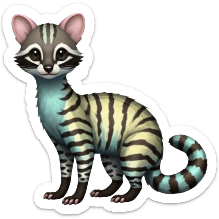 Feral Rare Fantasy iridescent scaly  shaded detailed colorful Genet-Trico-Civet-Cacomistle-Margay-species by LiLaiRa,, with white stripes with dark-blackish points, white belly, random markings, tufted tail, tufted ears, full body sticker