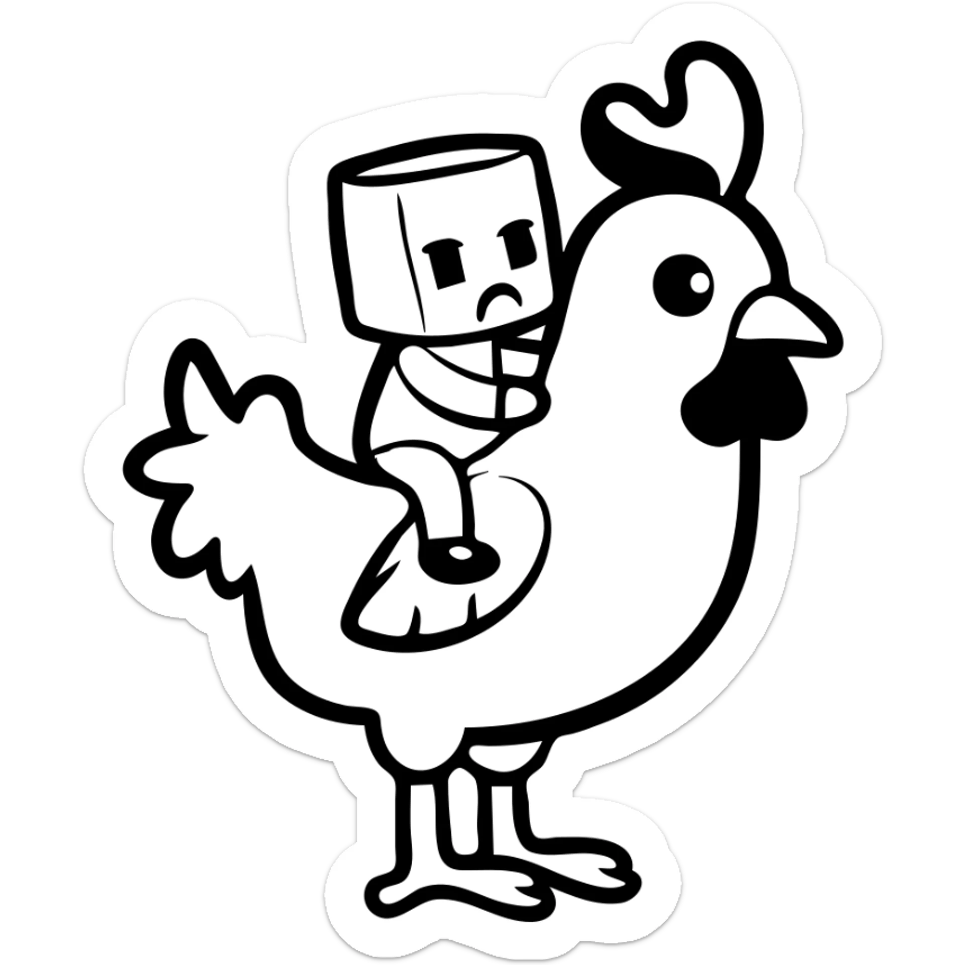 Minecraft chicken jockey - a small pixelated baby zombie riding on top of a white chicken, blocky style sticker