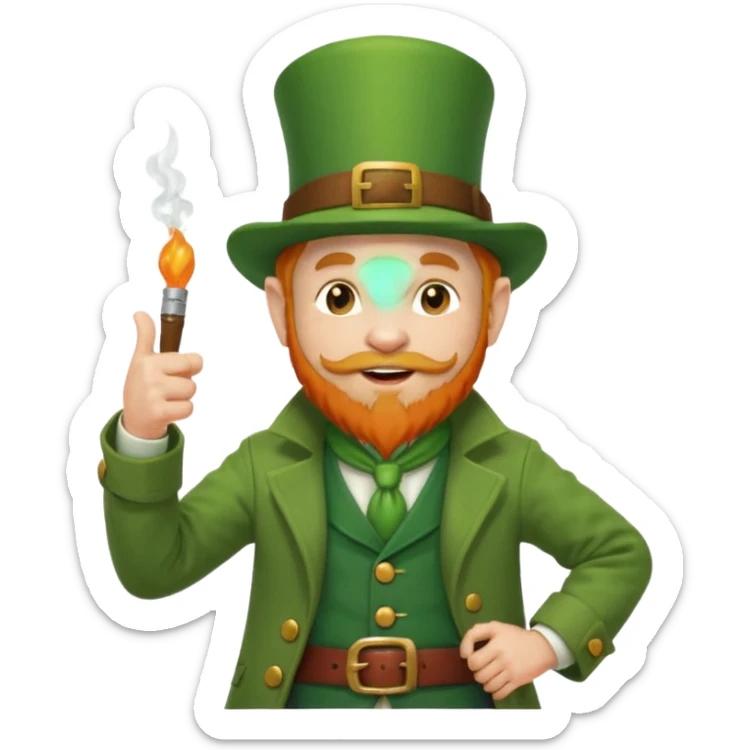 leprechaun looking up, and giving a thumbs up. on his left hand, he is holding his waist. change the hat band with orange band and a red belt. change the facial hair to white. on his mouth, he is smoking a red pipe. sticker