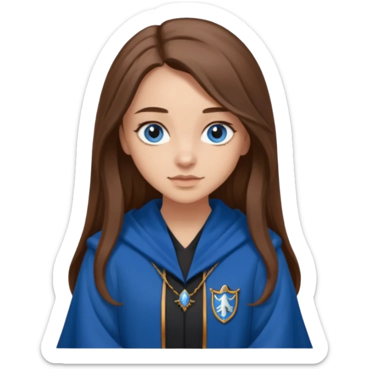 gorgeous Girl with light skin, blue eyes, long brown hair, wears ravenclaw black and blue robes  sticker