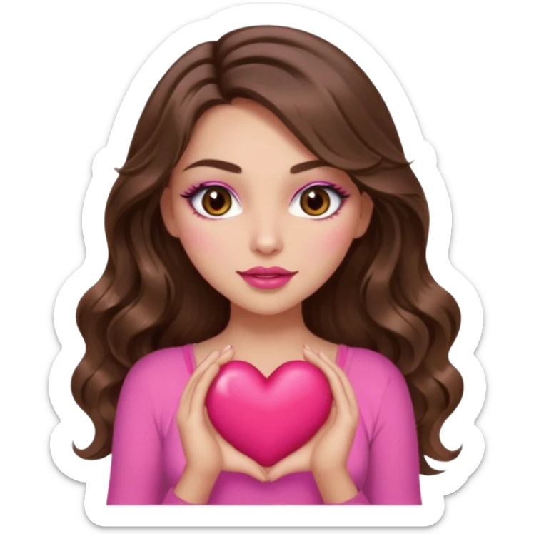 girl with long wavy brown hair, brown eyes, long lashes makeup, sexy pink lips, light to medium complexion, wearing a pink sexy top, squeezing a big heart sticker
