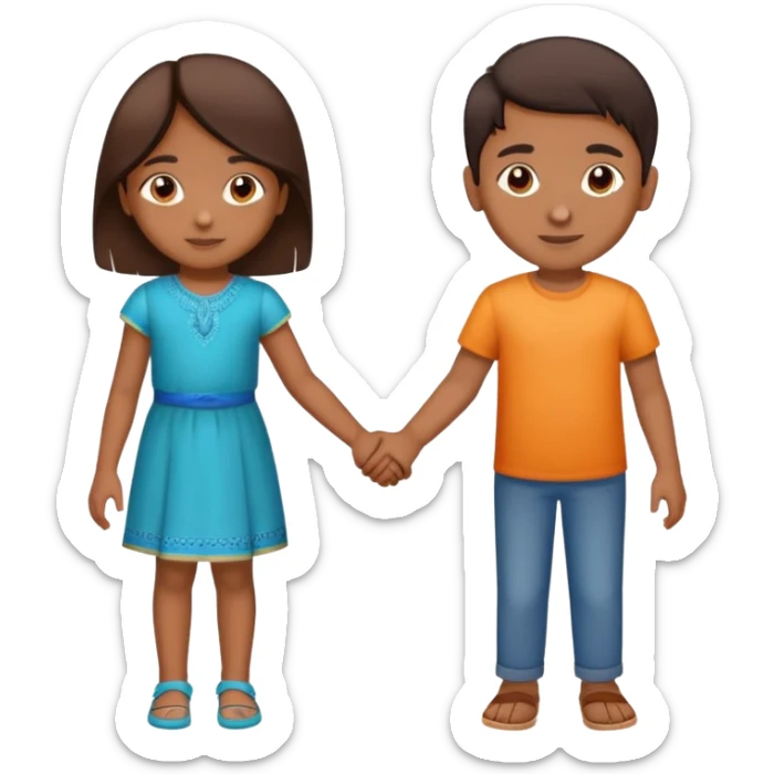 boy and girl holding hands, both Indian, boy with lighter brown skin, girl with medium brown skin, both around age 5-6 sticker