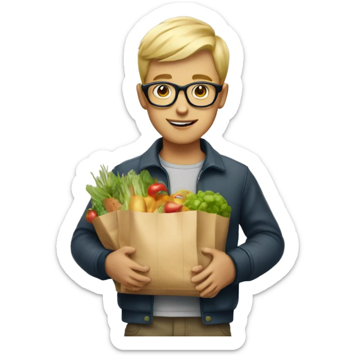 A boy with short cut blonde hair and glasses holding Shopping bag with food  sticker
