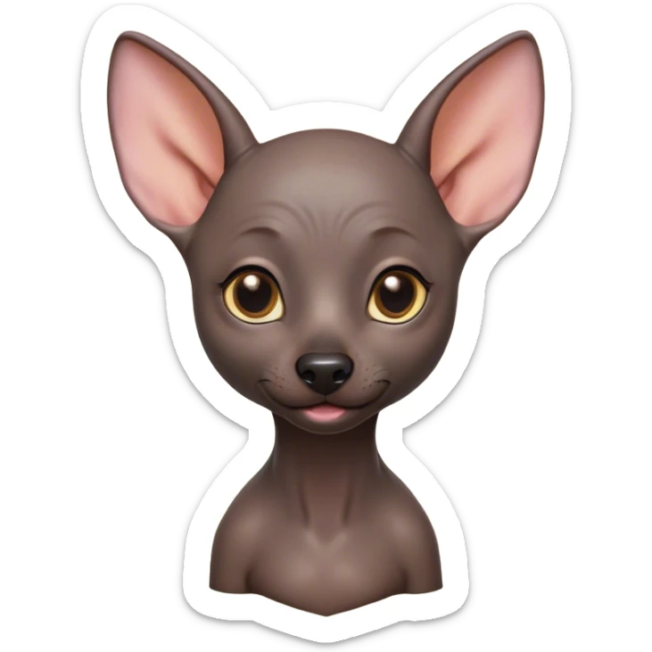 Cinematic Cute Xoloitzcuintle Portrait Emoji, Head tilted playfully and inquisitively, featuring smooth, hairless ebony skin with distinctive, artistic wrinkles, round, sparkling dark eyes filled with curiosity, Simplified yet irresistibly adorable features, highly detailed, glowing with a warm, friendly glow, high shine, affectionate and spirited, stylized with a touch of whimsy, bright and endearing, soft glowing outline, capturing the essence of a mischievous yet loving companion, so playful it feels like it could trot out of the screen and into your arms! sticker