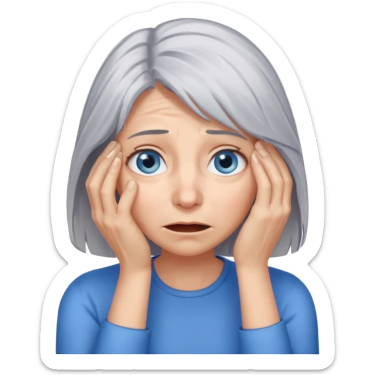 young woman with gray hair and blue eyes and 1 palm of hand covering face in exasperation sticker