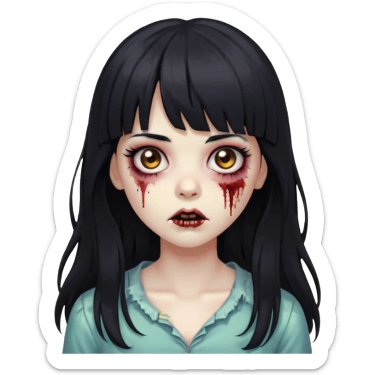 Zombie girl, black hair with bangs, slightly wavy, very long hair,long eyelashes, black eyes,iOS style sticker