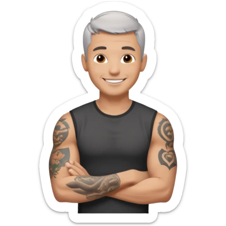 un homme de 35 ans, cheveux très court gris, qui sourit, musclé avec le bras droit tatoué et un tee shirt noir sticker