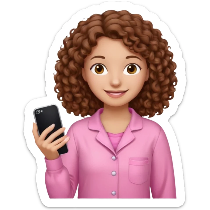 woman with curly brown hair wearing pink pajamas, iPhone emoji style sticker