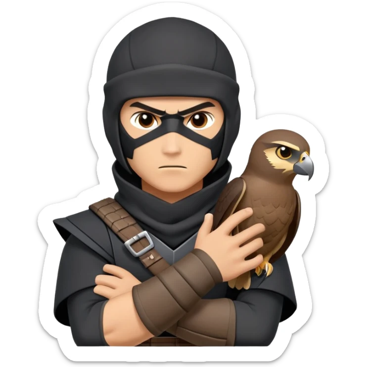 clash-of-clans-aesthetic_-cinematic-mysterious-male-ninja-portrait-emoji, rendered in a flat, vector-style with minimal shading and bold, simplified shapes, with a head slightly turned revealing intense, focused eyes. the ninja has his arm out and perched on top of his forarm is  a peregrin falcon  sticker
