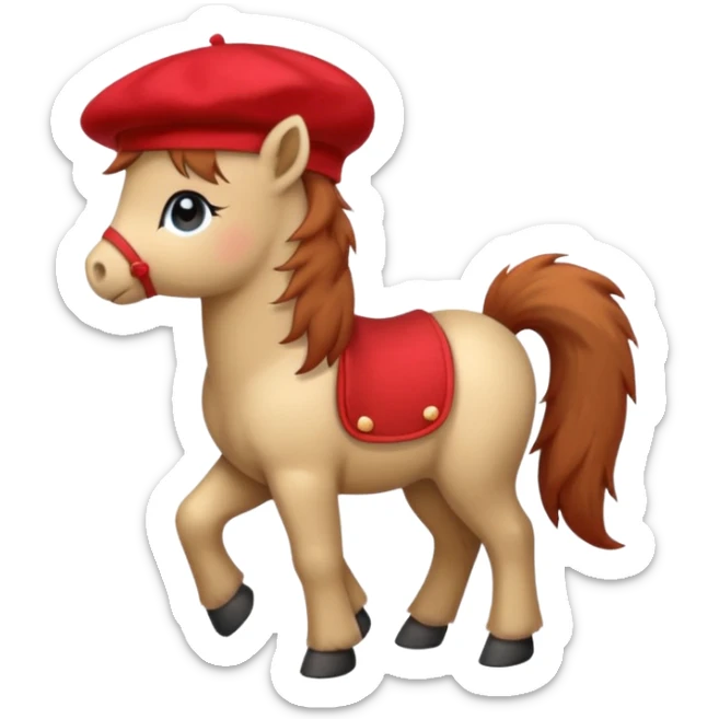 A cute pony (horse) emoji, full body, standing in side view, wearing a stylish red beret. sticker