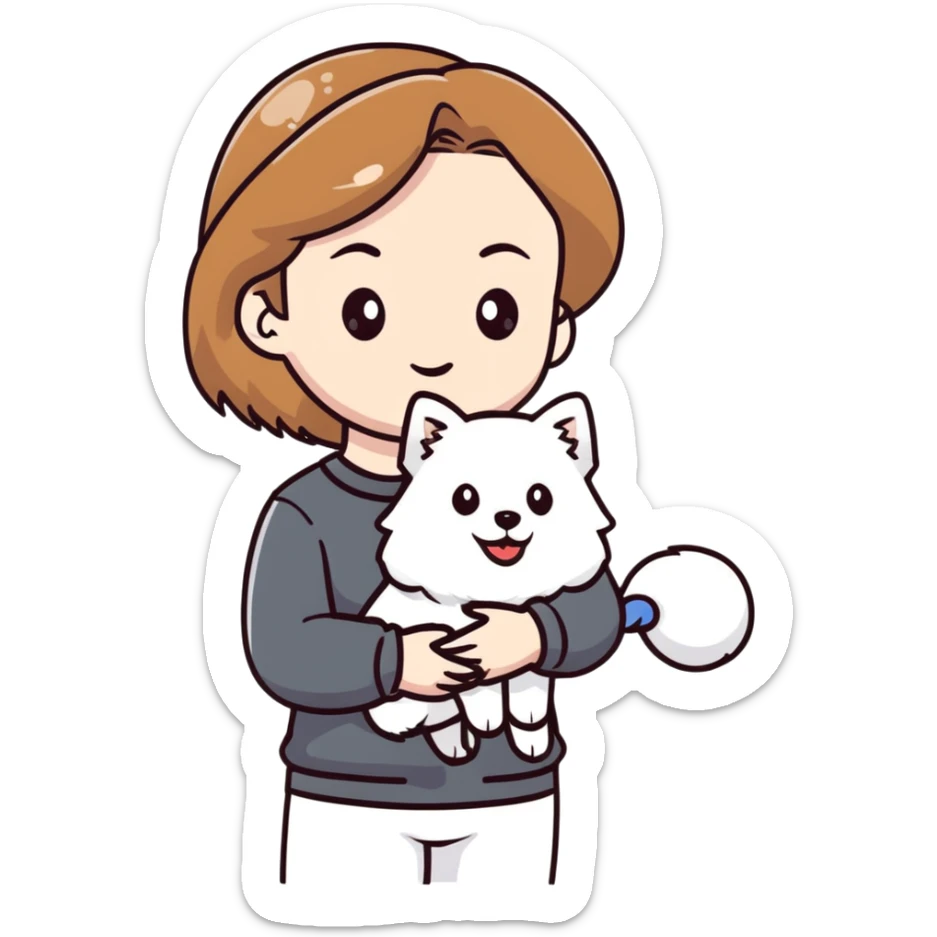 light brown hair girl with pale skin holding a white Japanese spitz dog sticker