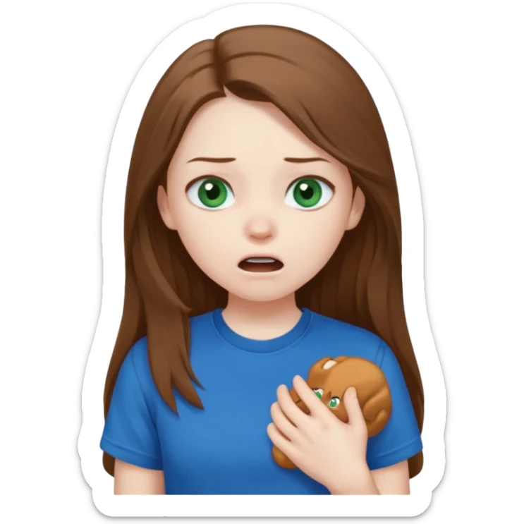 Cute girl with pale skin, long brown hair, dark green eyes and blue t shirt who is chocked sticker