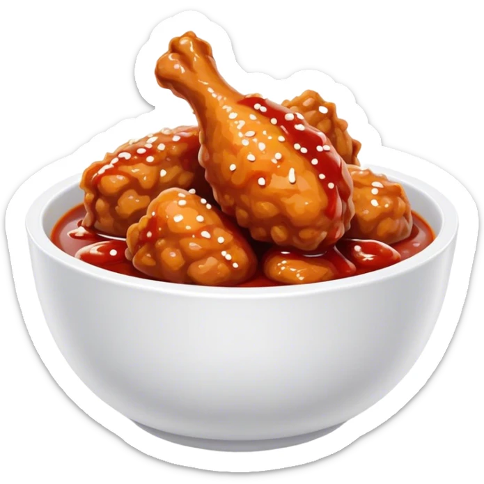 Korean Fried Chicken Cinematic Realistic Korean Fried Chicken Dish Emoji, depicted as bite-sized chicken chunks generously coated in a glossy, spicy sauce, in a bowl. sticker