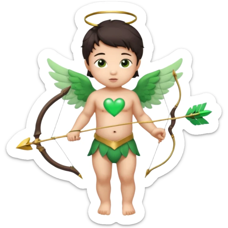 cupid asian baby flying full body with wings with brown eyes and dark hair handled bow and arrow green heart breaker and looking to heart sticker