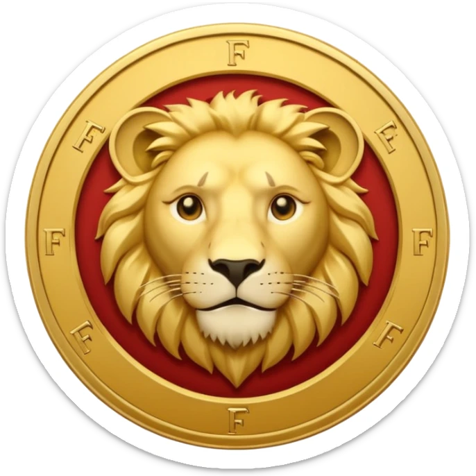 Pièce d’or ronde vue de face, lettre F gravée au centre, tête de lion fine et discrète en arrière‑plan, style emoji simple. sticker