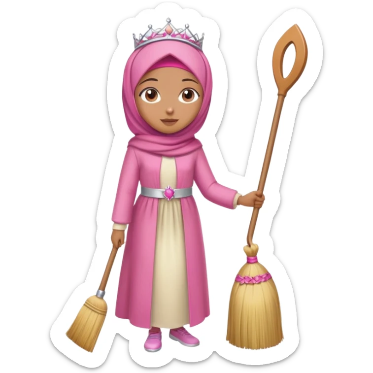 Full body girl caramel skin wearing pink hijab a cream satin set and a tiara on top of her head she is standing holding a broom sticker