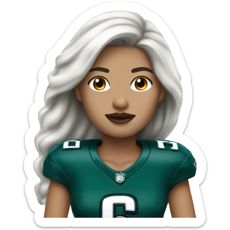 White female long dark hair red lips wearing Philadelphia Eagles jersey sticker