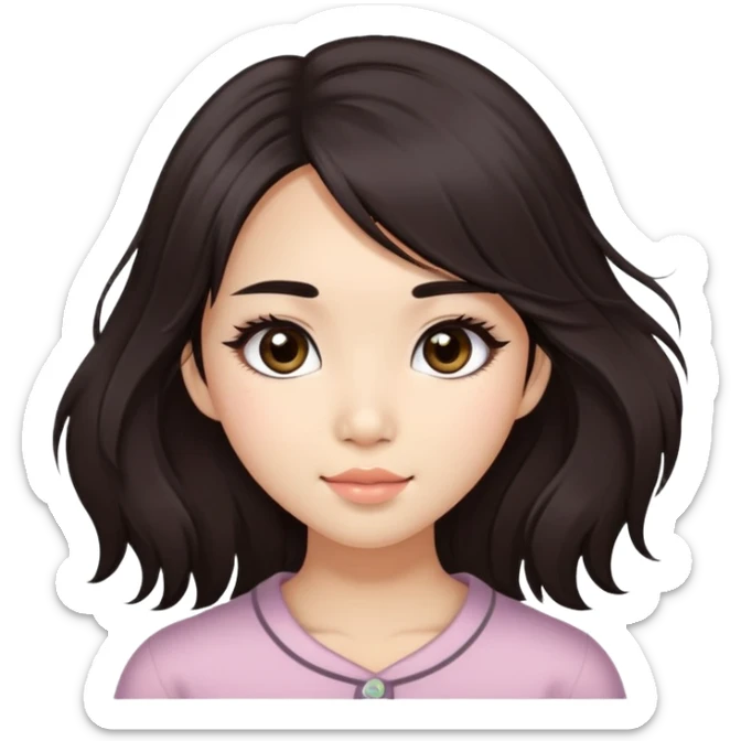 Asian girl with very long shaggy deep dark brown hair, big dark eyes. long lower lashes, cheekbones with blush. big dimples. sticker