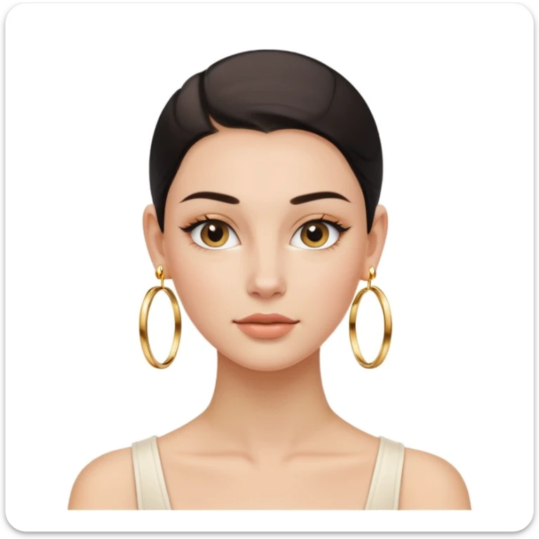 clean girl aesthetic emoji, fresh-faced young woman with slicked-back hair, gold hoop earrings, dewy skin, minimal makeup, soft neutral background sticker