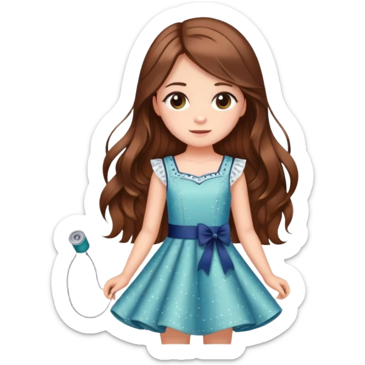 Girl with long brown hair sewing a cute dress with sparkles around her mesmerized  sticker