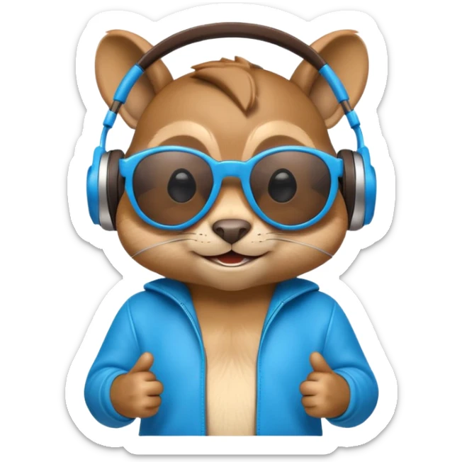 A high-detail 3D cartoon emoji of a cool chipmunk wearing oversized glowing blue DJ headphones and white retro sunglasses, expressive smirk, vibrant colors, white background, high gloss. sticker