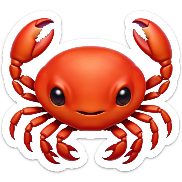 Cinematic Cute Red Crab Portrait Emoji, Head tilted playfully and inquisitively, featuring a compact, vibrant scarlet carapace with adorably small, expressive eyes and gentle, rounded pincers, Simplified yet irresistibly adorable features, highly detailed, glowing with a warm, friendly oceanic glow, high shine, affectionate and lively, stylized with a touch of seaside whimsy, soft glowing outline, capturing the essence of a mischievous yet loving red crab that seems as if it could pinch its way out of the screen into your arms! sticker