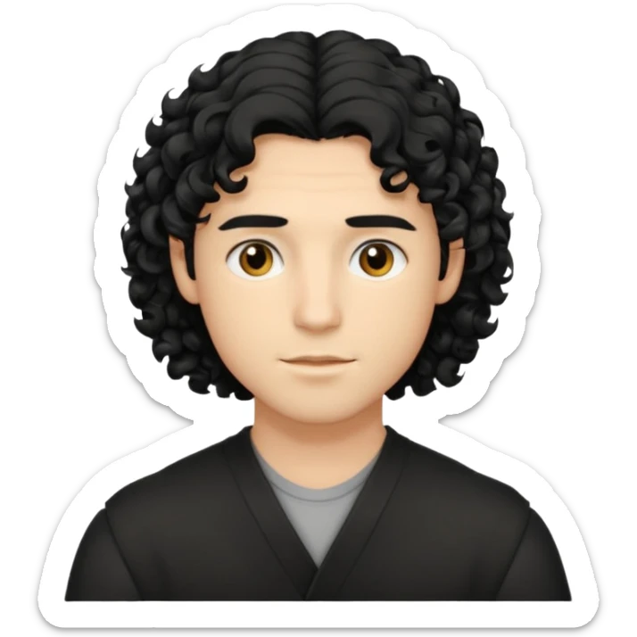 emoji of a young man with shoulder-length curly black hair and blond highlights, no beard, neutral expression sticker