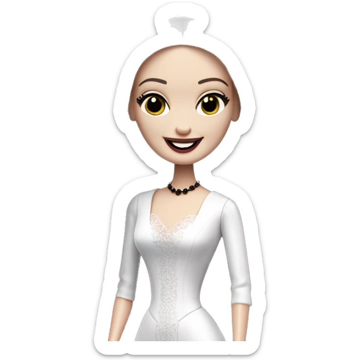 Morticia Addams Barbie at home. Smiling. Filmy nightgown . Very Pale-white porcelain skin.  sticker