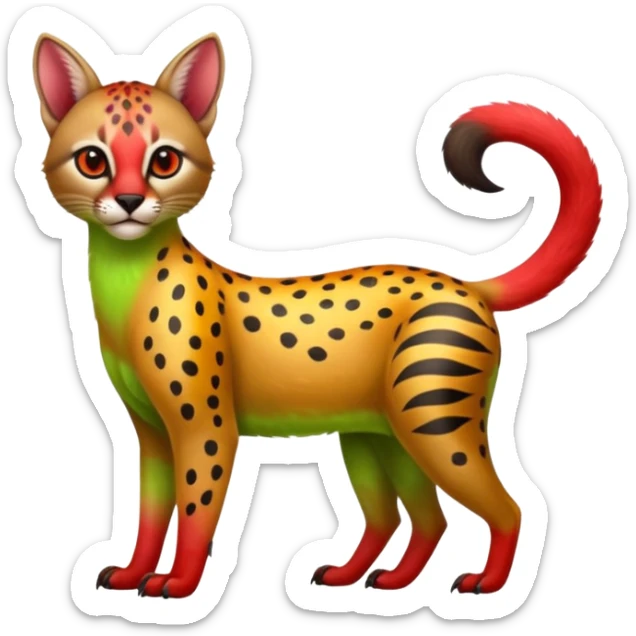 Colorful cute adorable shiny tropical exotic fruity kiwi-green lemony rosy neon-red Caracal-Cheetah-Civet-Trico-fusion-hybrid-animal-creature, full body, with tribal tattoos sticker