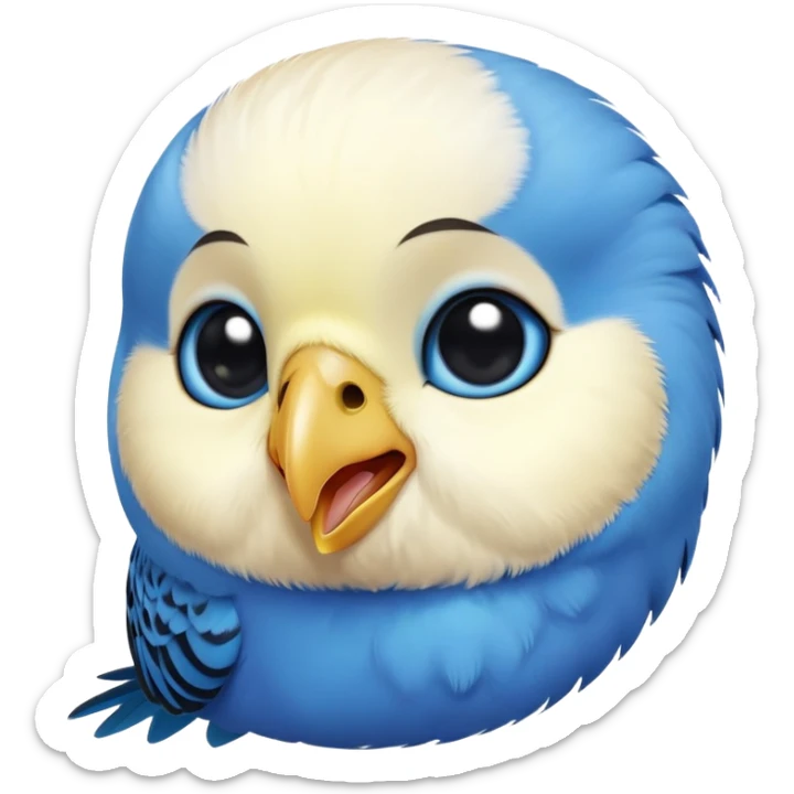 cinematic-cute-blue-budgie-portrait-emoji,-head-tilted-playfully-and-inquisitively,-featuring-a-brilliant-blue-feathered-fur-and white and black face-with-a-natural-sheen,-round,-sparkling-dark-eyes-filled-with-curiosity,-simplified-yet-irresistibly-adorable sticker