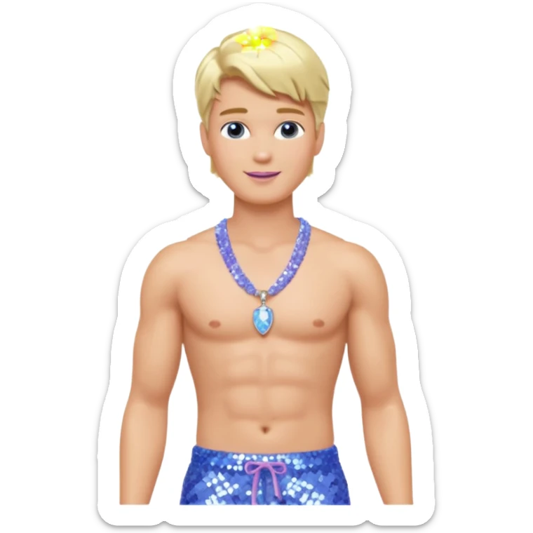 Ken from Barbie with blonde hair, perwinkle sequin baggy pants, shirtless with necklace  sticker