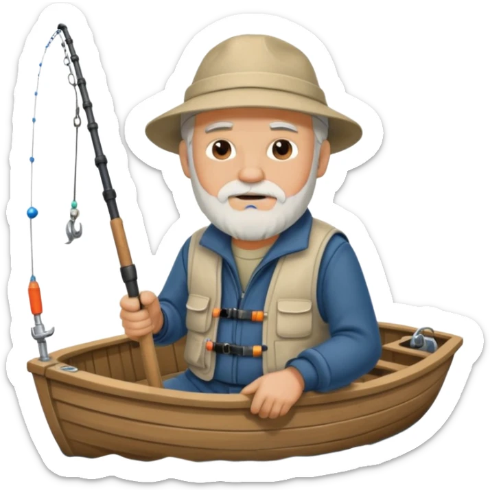 an old white haired, bearded man in fisherman attire, sat in a boat at sea, holding a fishing rod, with the end of the fishing line in the water sticker