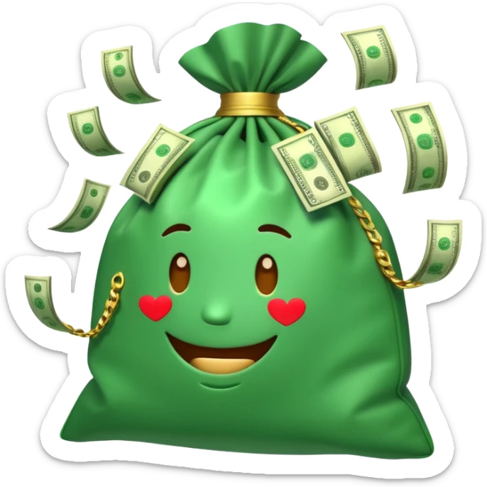 

3D emoji style, big bag of money, flying dollar bills, rich casino vibe, smooth lighting, high detail, clean edges, transparent background



 sticker