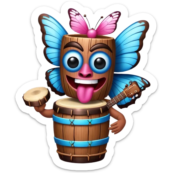 Cartoon Blue and pink tiki singing with butterfly and bongos sticker