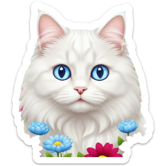 White persian male cat turkish angore with skky blue eyes standing in feed of flowers sticker