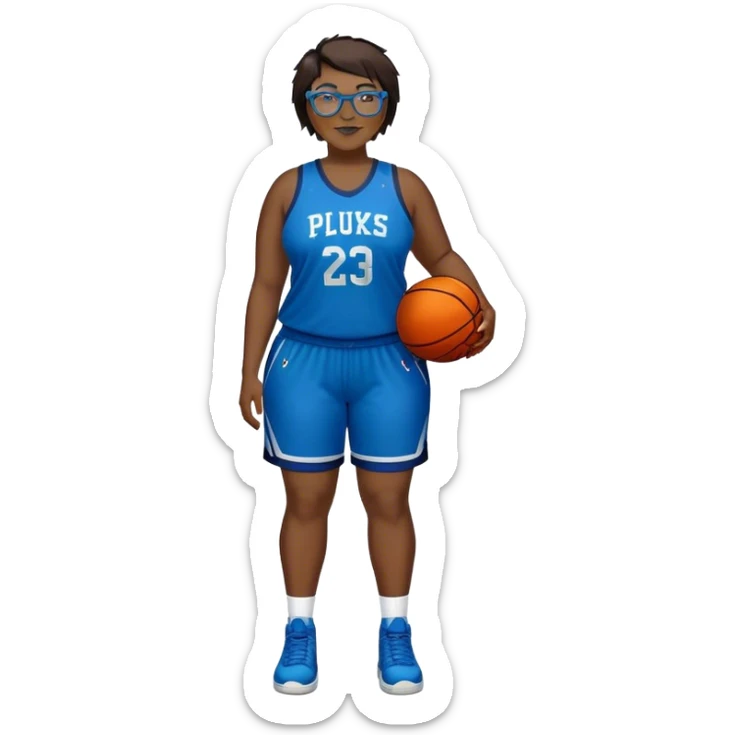 Full Body plus size white female with short dark hair with highlights spike hair wearing blue glasses basketball player wearing blue green uniform smiling sticker