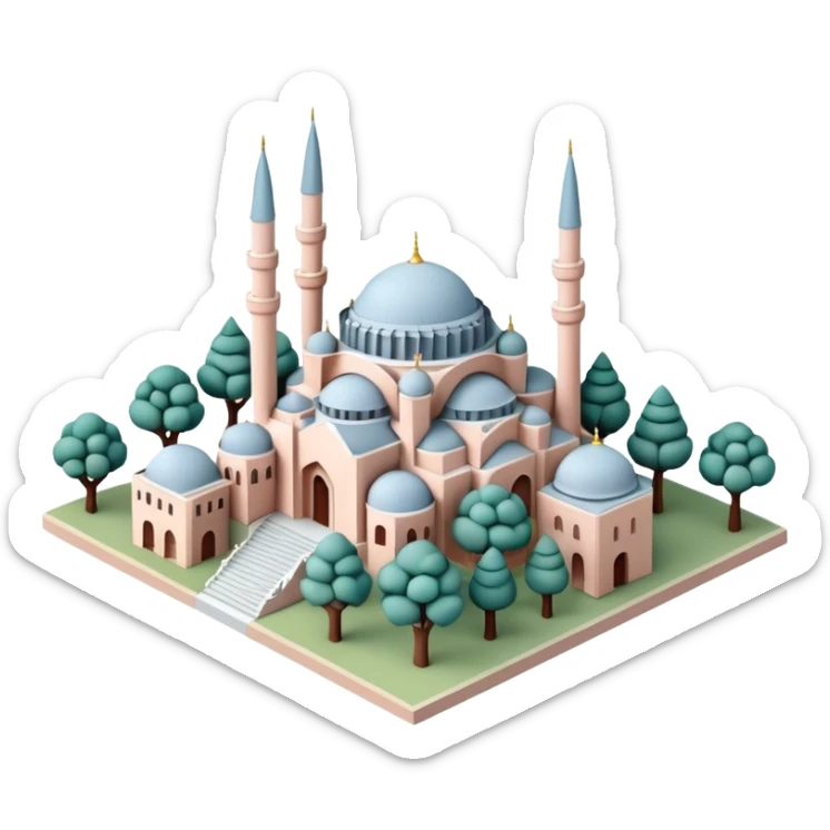 Isometric miniature of Istanbul, centered on Hagia Sophia with domes and minarets, surrounded by a few low-rise buildings and greenery, in pastel diorama style, soft shading. sticker