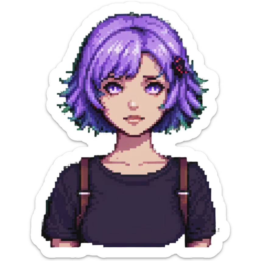 Girl with short purple hair, pixel art style sticker