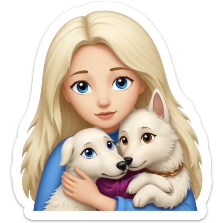 White Shepard short fur Brown eyes .the Dog ist huggin from a Long-haired blonde lady with blue eyes sticker