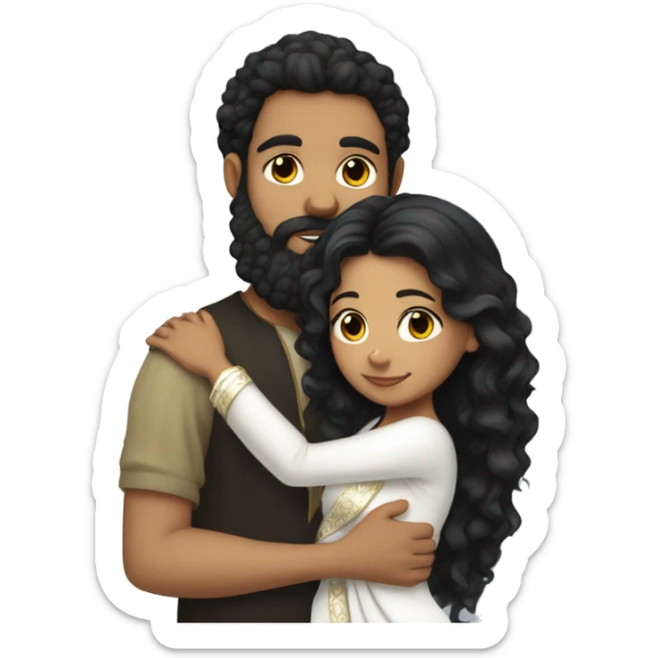 Light skin;Black long hair girl  in a white saree hugging with a man with black beard and curly hair on top sticker