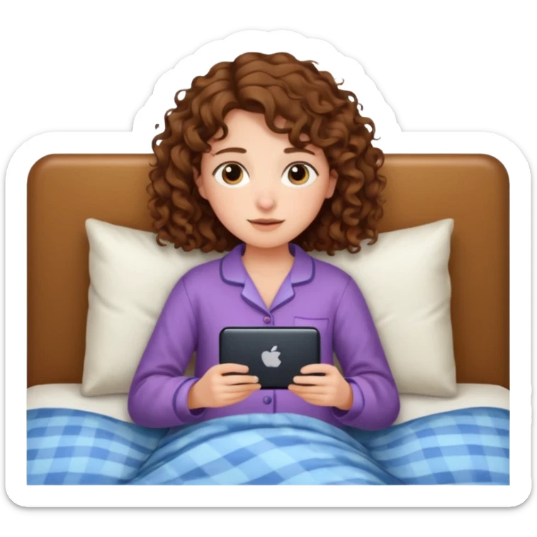 Draw a girl with shoulder-length curly hair, lying in bed watching TV, but make her look at the TV. sticker