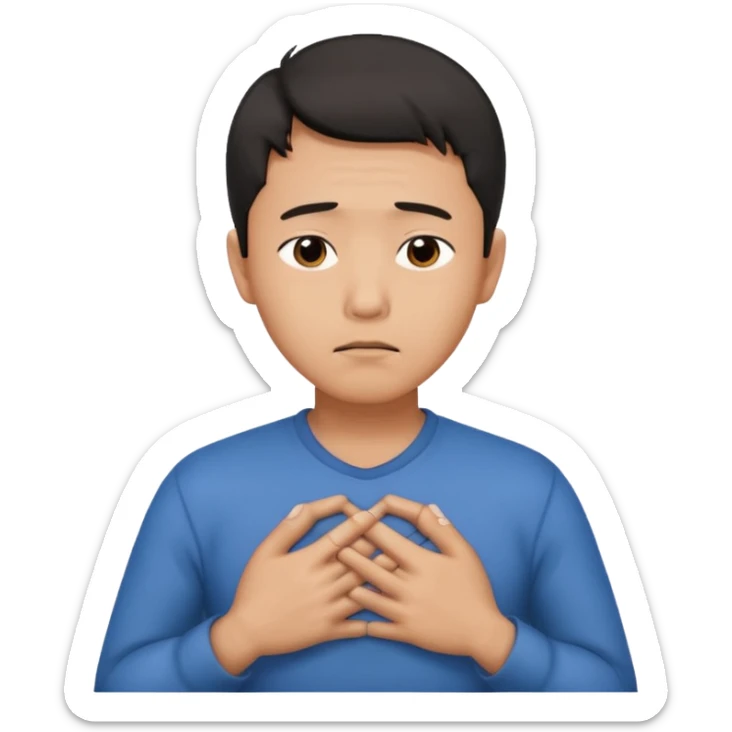 first asian man put his hands on his chest where his heart is, to showw howw he feeels. With a sad exxpression  sticker