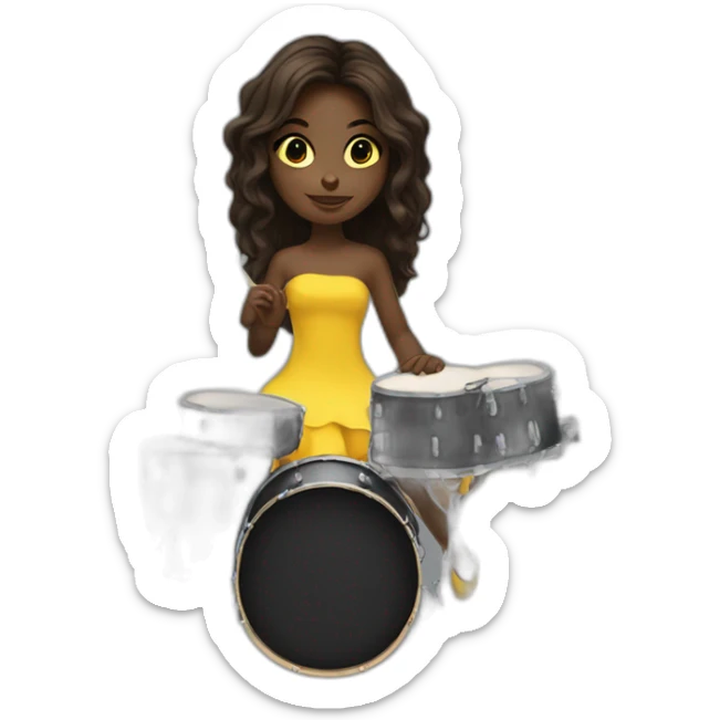 cute girl in yellow dress dark skin with yellow eyes and dark curvy hairs plays on drums sticker