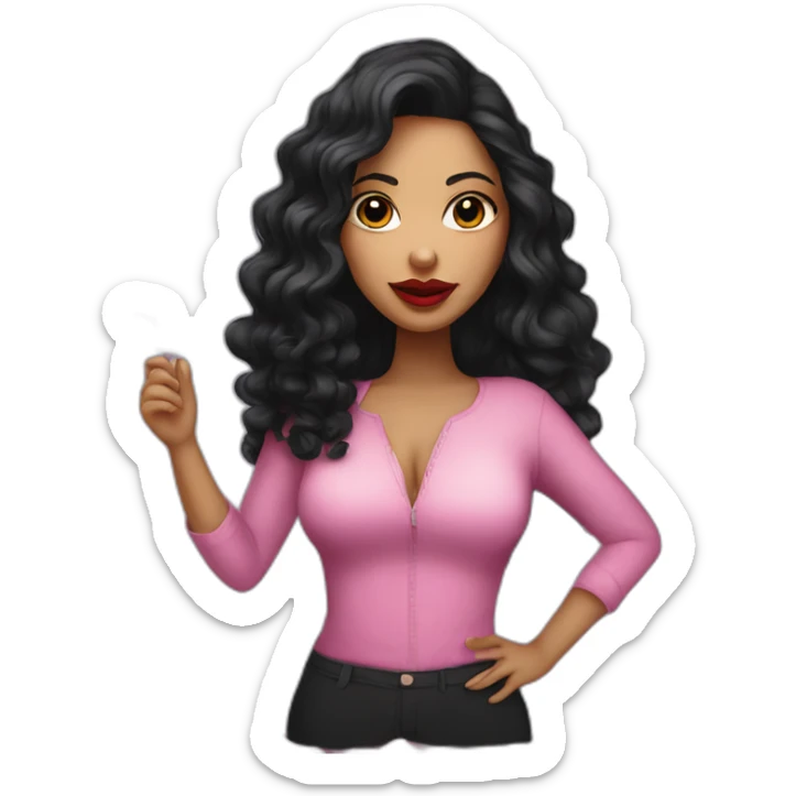 White latin girl with with pink big lips, long curly black hair and wine sticker